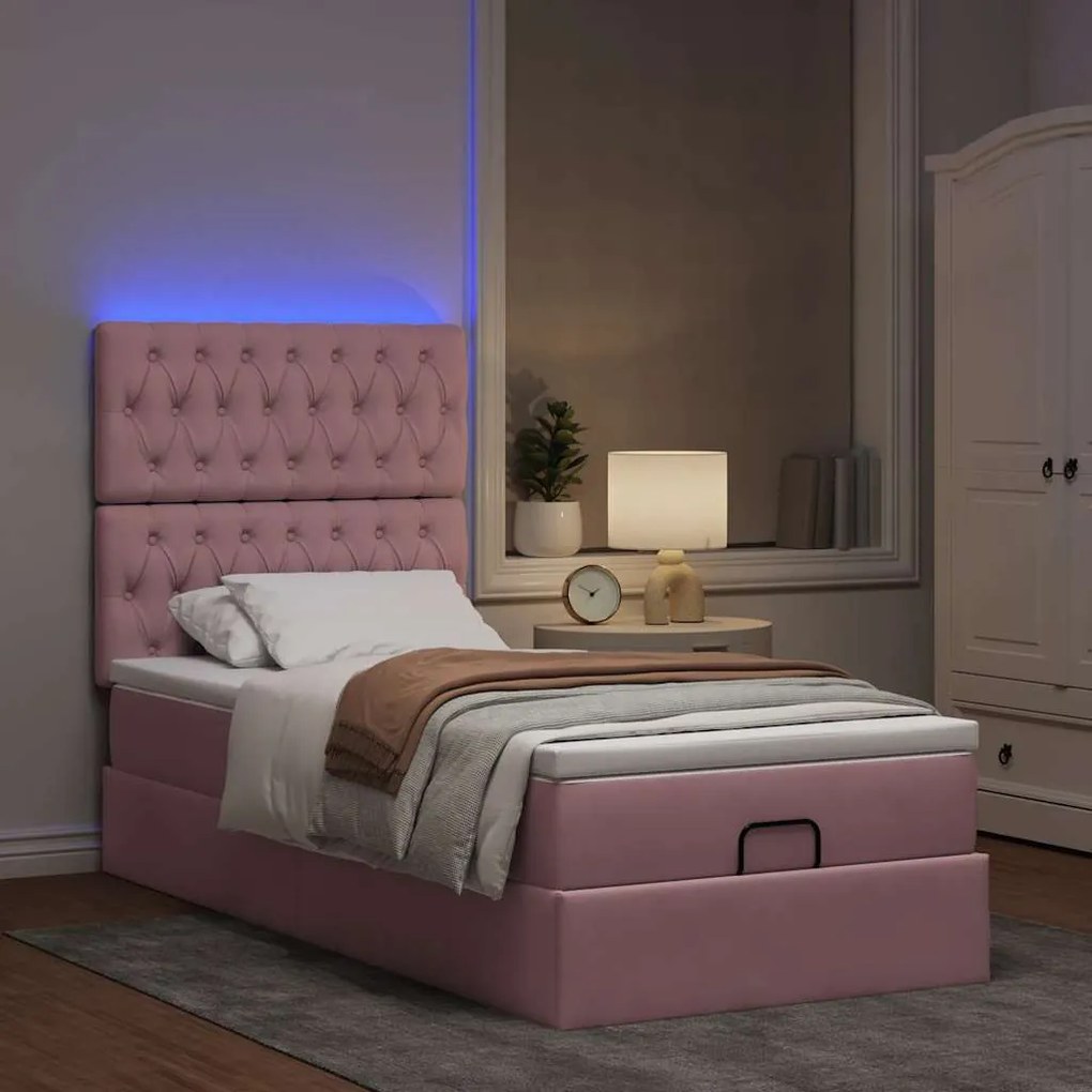 Οθωμανικό κρεβάτι με στρώματα &amp; LEDs Ροζ 90x190cm Velvet 3314365