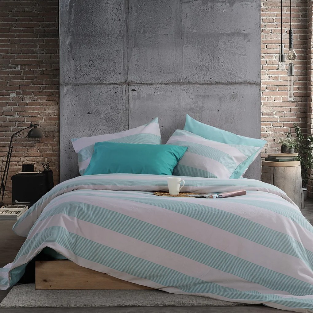 Σεντόνια Μονά (Σετ) Nef-Nef Homeware Casual Stripe Petrol Εκρού ΜΕ ΛΑΣΤΙΧΟ 100x200+35