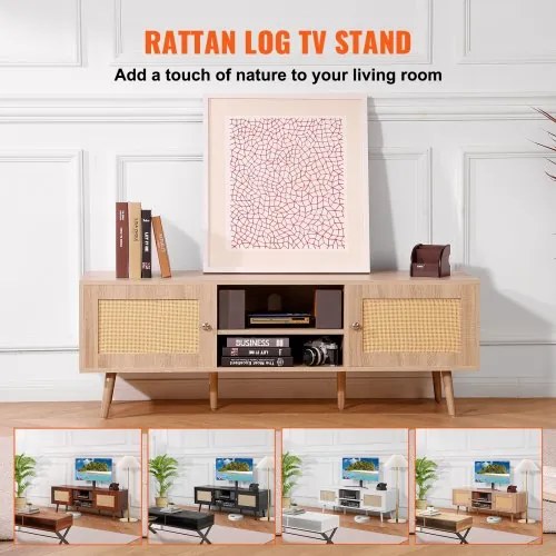 VEVOR Rattan TV Stand for 65&quot; TV Boho TV Stand with Build-in Socket Oak
