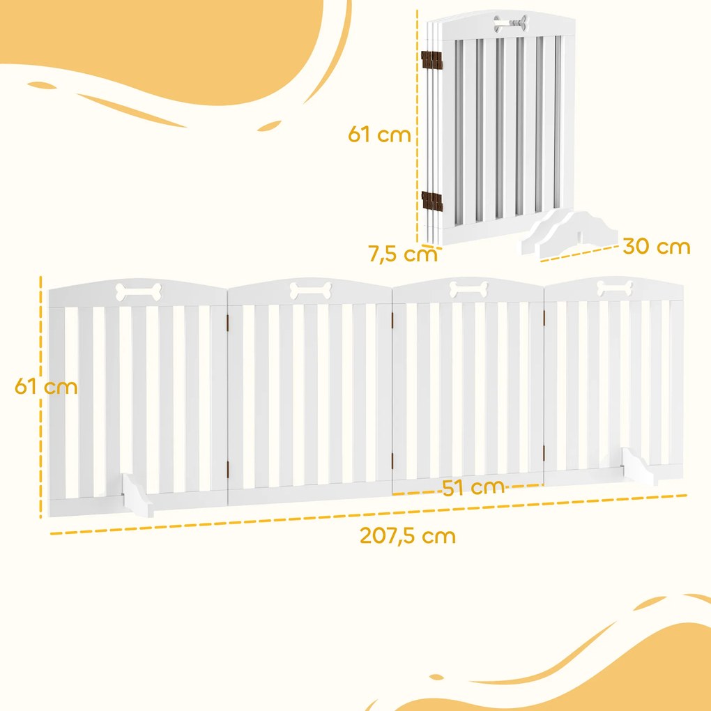 PawHut Ανεξάρτητο πτυσσόμενο φράγμα σκύλου με στηρίγματα, για πόρτες, διαδρόμους, σκάλες, 207,5x 30 x 61 cm, Λευκό