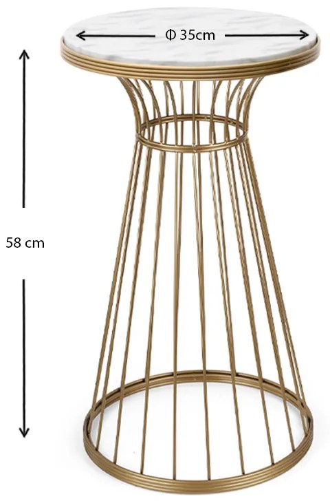 Βοηθητικό τραπεζάκι Tekosi Megapap μεταλλικό - Mdf χρώμα χρυσό - λευκό εφέ μαρμάρου 35x35x58εκ.