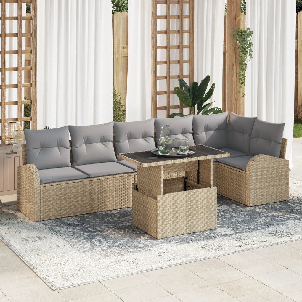 vidaXL Set καναπέ κήπου 7 κομματιών με μαξιλάρια σε μπεζ πολυ ράτταν
