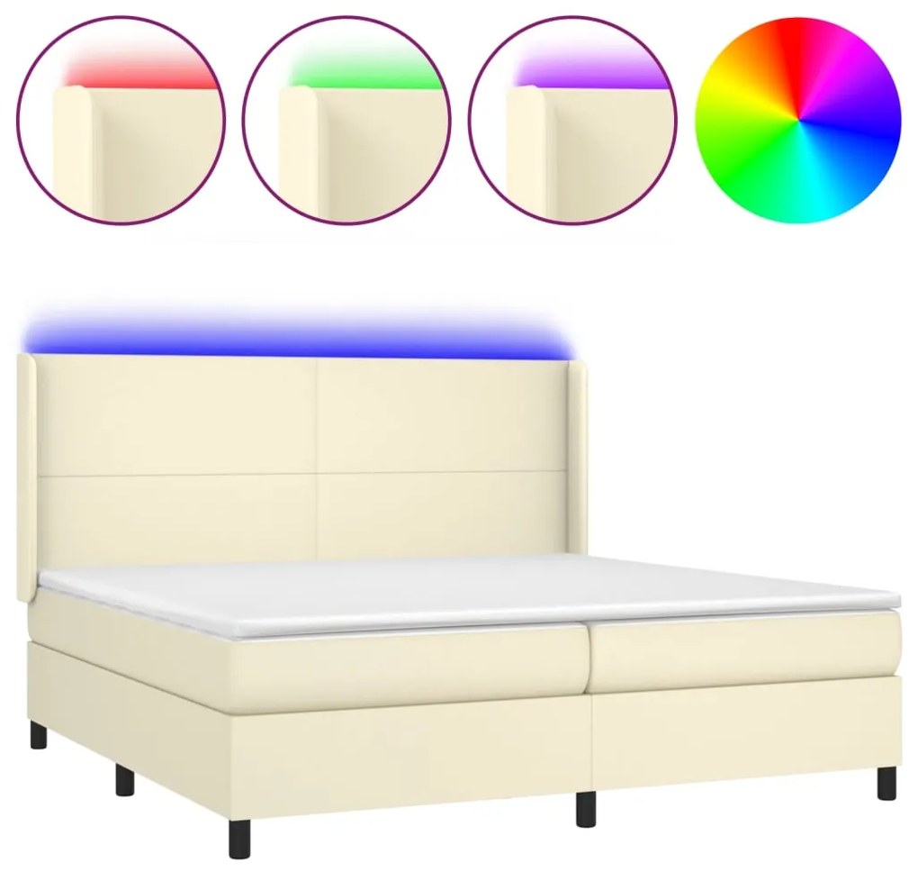 vidaXL Κρεβάτι Boxspring με Στρώμα & LED Κρεμ 200x200 εκ. Συνθ. Δέρμα