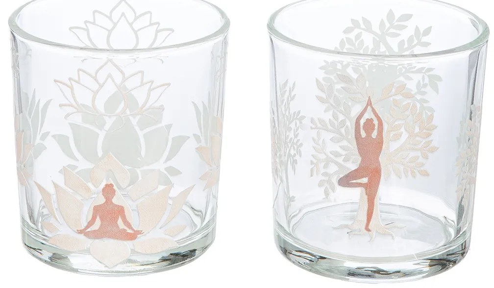 Φανάρι Καταιγίδας Cylindrical &quot;Namaste&quot; Δέντρο Motif Lotus Motif Yoga Motif Γυάλινο Brown Clear PU 18 Pcs. Assorted H. c