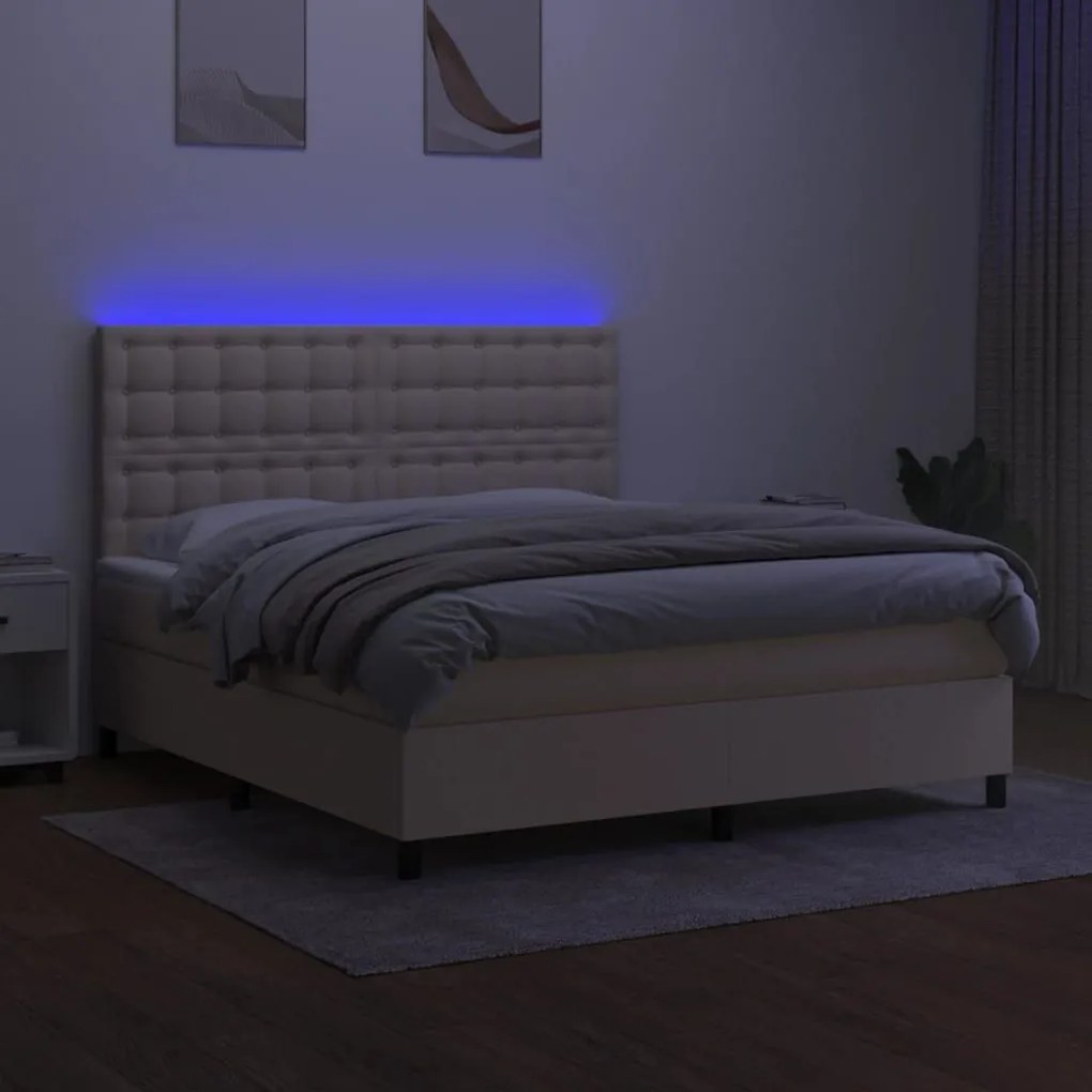 Κρεβάτι Boxspring με Στρώμα &amp; LED Κρεμ 160x200 εκ. Υφασμάτινο - Κρεμ