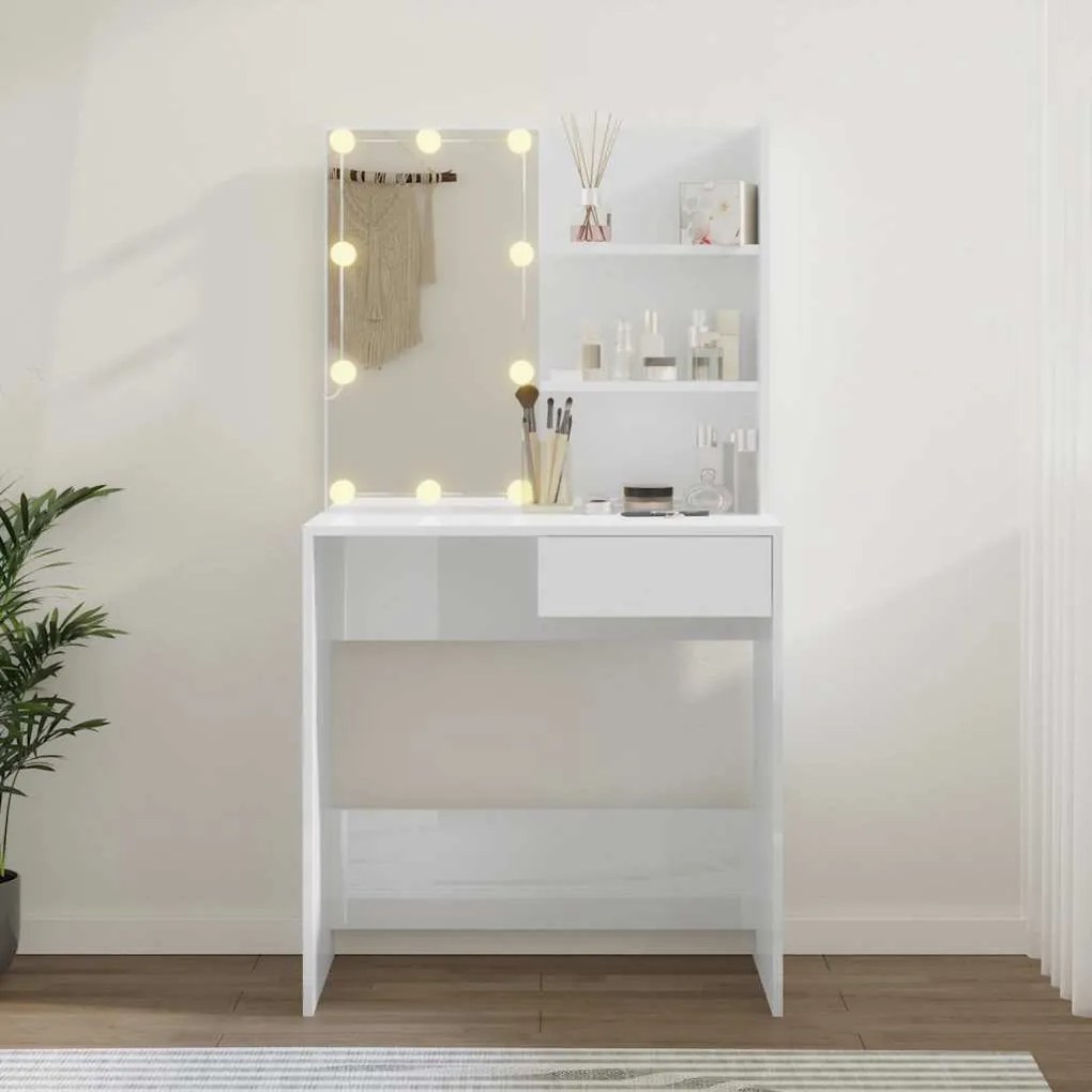 vidaXL Μπουντουάρ με LED Γυαλιστερό Λευκό 74,5 x 40 x 141 εκ.