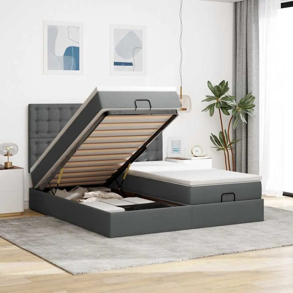 Οθωμανικό κρεβάτι με στρώματα&LEDs Σκούρο γκρι 160x200cm ύφασμα