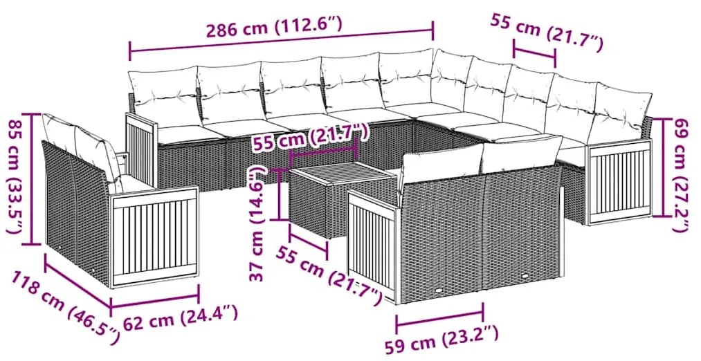 vidaXL Σαλόνι Κήπου Σετ 14 Τεμαχίων με Μαξιλάρια Μαύρο Συνθετικό Ρατάν
