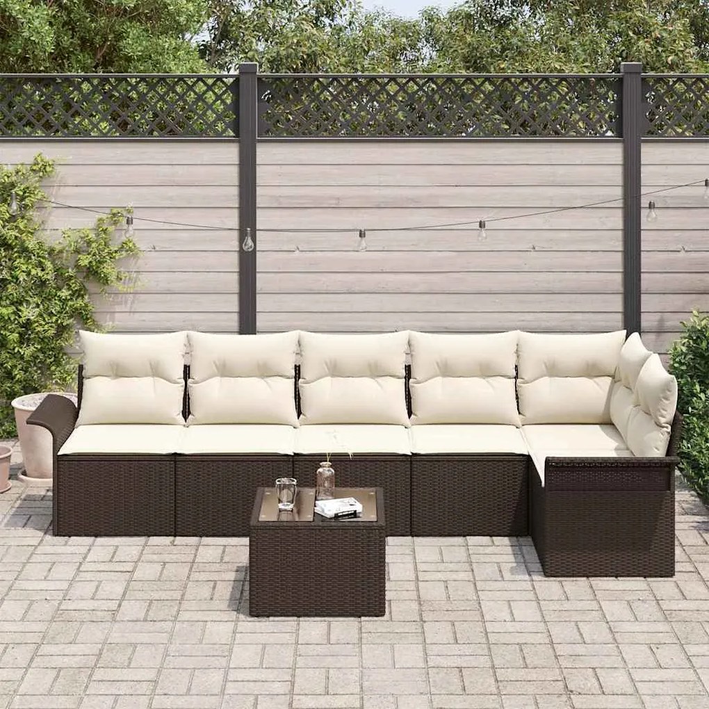 vidaXL Σετ Καναπέ Κήπου με μαξιλάρι 7 pcs Καφέ Πολυ ράταν