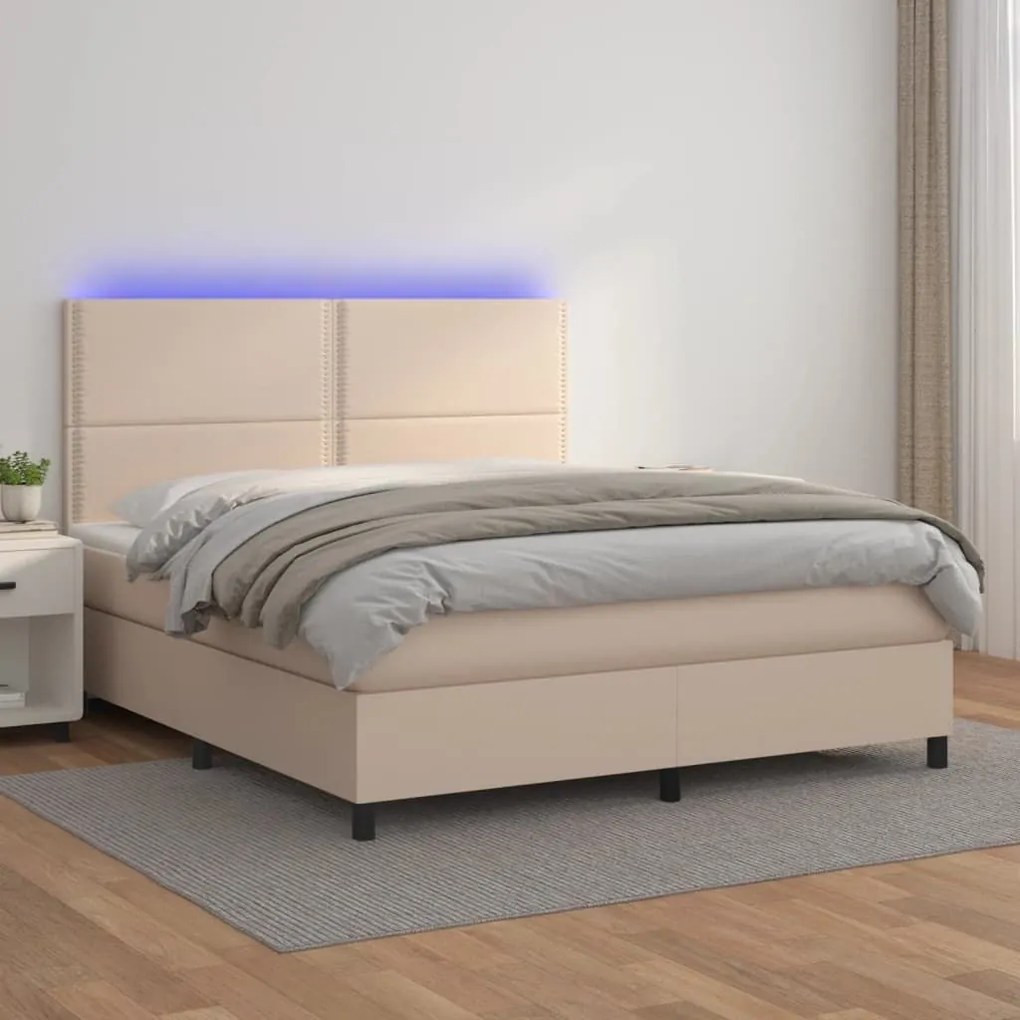 Κρεβάτι Boxspring Στρώμα&amp;LED Καπουτσίνο 160x200 εκ. Συνθ. Δέρμα - Καφέ