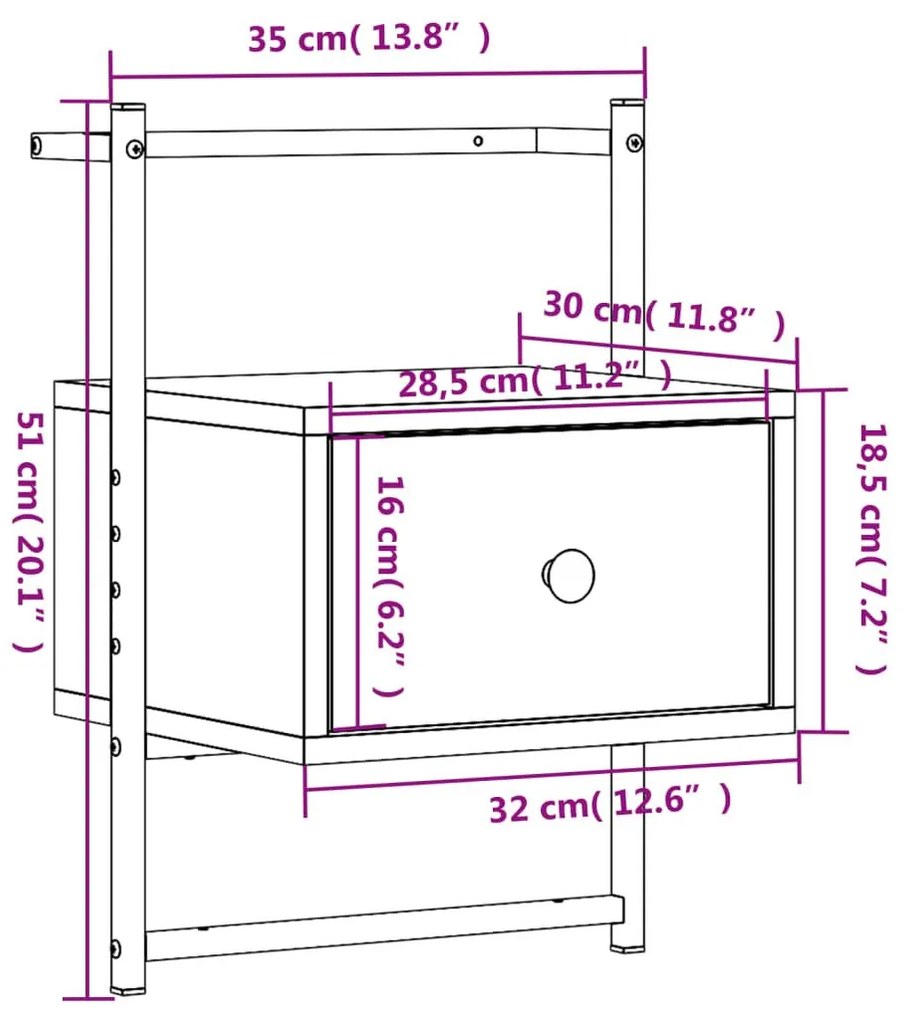 Κομοδίνα Επιτοίχια 2 τεμ. Μαύρο 35x30x51 εκ. από Επεξεργ. Ξύλο - Μαύρο