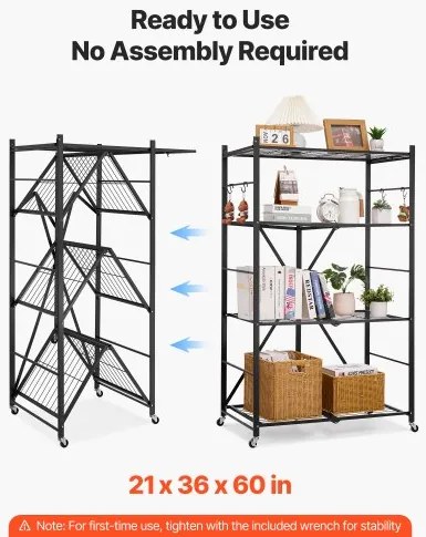 VEVOR Folding Storage Shelf with Wheels 4-Tier No Assembly Organizer Shelf Black