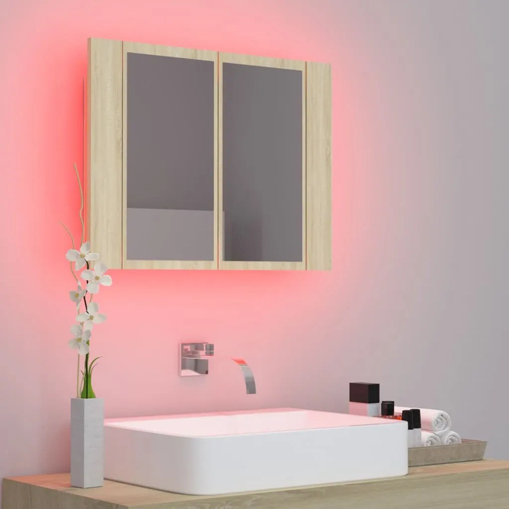 vidaXL Ντουλάπι Μπάνιου με Καθρέφτη & LED Sonoma Δρυς Ακρυλικός