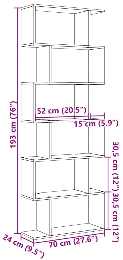 Βιβλιοθήκη/Διαχωριστικό Χώρου 6 Επ. Γκρι 70x24x193εκ. Επ. Ξύλο - Γκρι