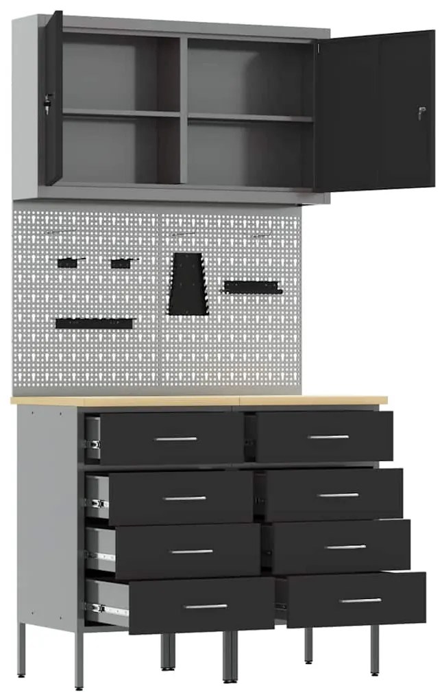 vidaXL Πάγκος εργασίας με συρτάρι 5 pcs Μαύρο 100 x 55 x 200 εκ Ατσάλι