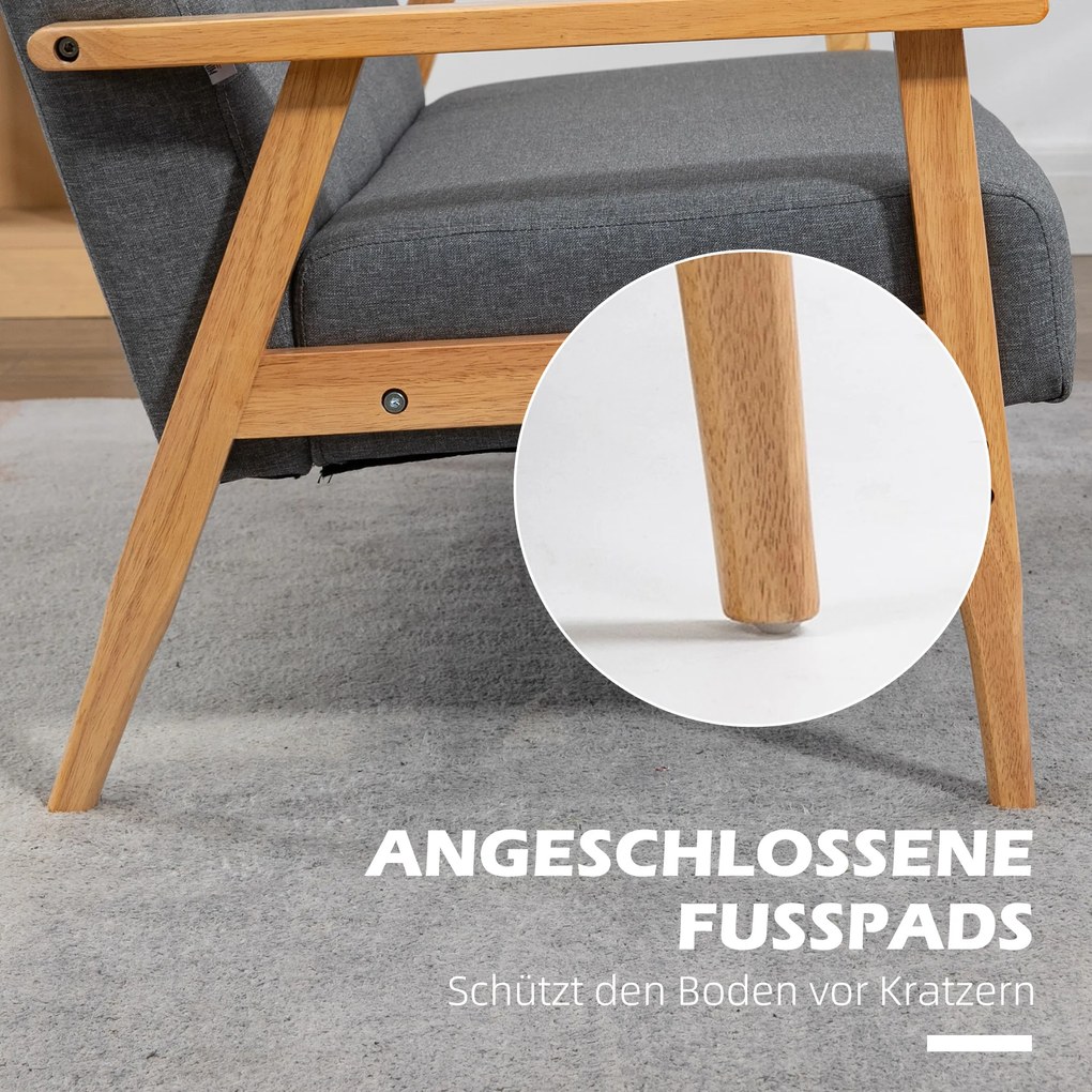 HOMCOM Τριθέσιος Καναπές Ταπετσαρίας, Ξύλο Καουτσούκ, 154,5 x 69,5 x 73 εκ., Γκρι