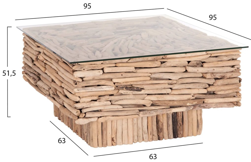 ΤΡΑΠΕΖΙ ΣΑΛΟΝΙΟΥ ΤΕΤΡΑΓΩΝΟ SPARROW HM9960 DRIFTWOOD--ΓΥΑΛΙ 95x95x51,5Υεκ.