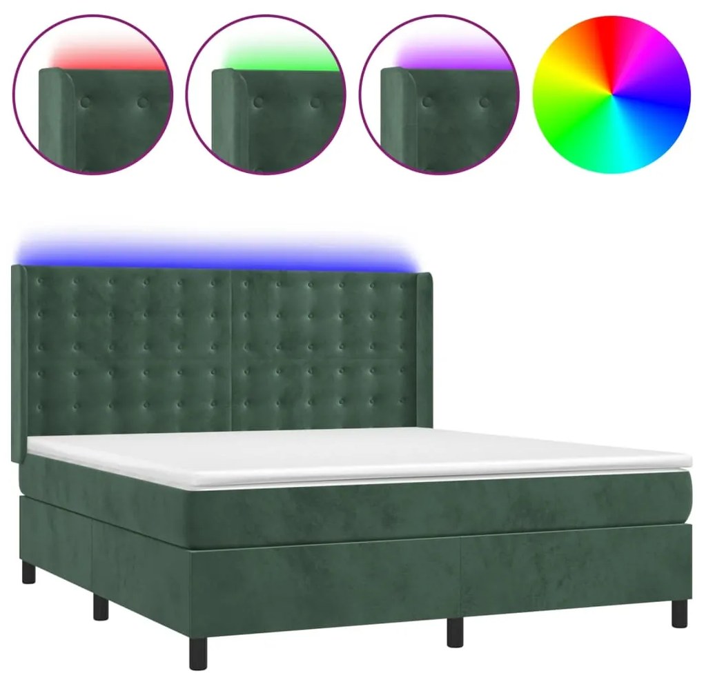 vidaXL Κρεβάτι Boxspring με Στρώμα & LED Σκ. Πράσινο 160x200εκ Βελούδο