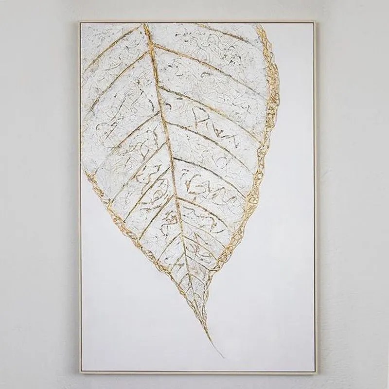 Πίνακας Σε Καμβά Με Πλαίσιο Φύλλο 755-12039 82x122x5cm White-Gold Estheti Home Κάθετοι Wood, Canvas