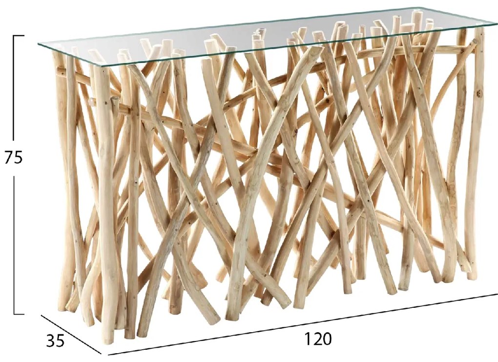 ΚΟΝΣΟΛΑ ΣΕ ΡΟΥΣΤΙΚ ΣΤΥΛ ΜΑΣΙΦ ΞΥΛΟ ΤEAK &amp; ΓΥΑΛΙ ΦΥΣΙΚΟ 120X35X75Yεκ.HM9373
