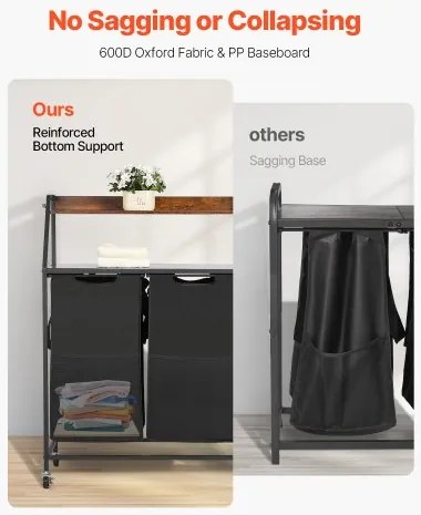 VEVOR 2 Tiers Laundry Sorter Tall Laundry Hamper with Wheels and Hooks 3 Section