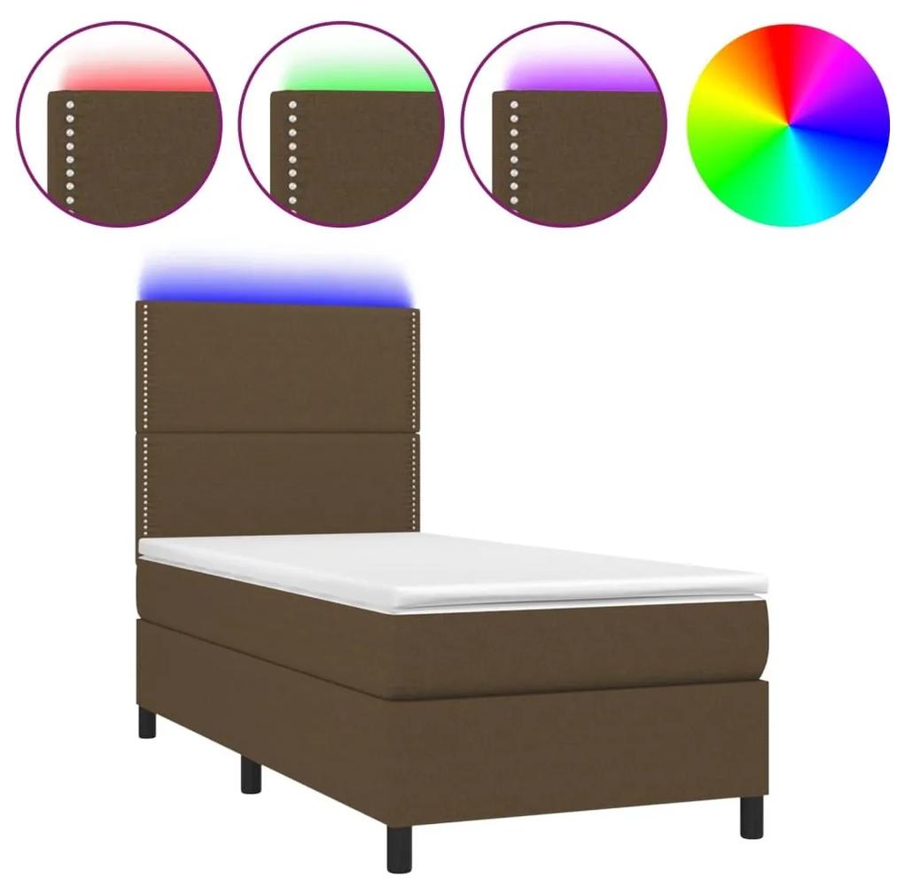 Κρεβάτι Boxspring με Στρώμα &amp; LED Σκ.Καφέ 90x200 εκ. Υφασμάτινο - Καφέ