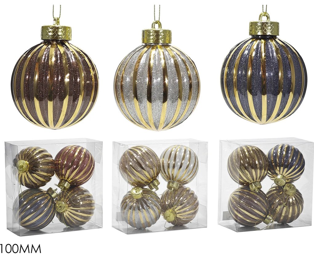 Χριστουγεννιάτικη Μπάλα 100mm Σετ 4Τμχ Σε 3 Σχέδια