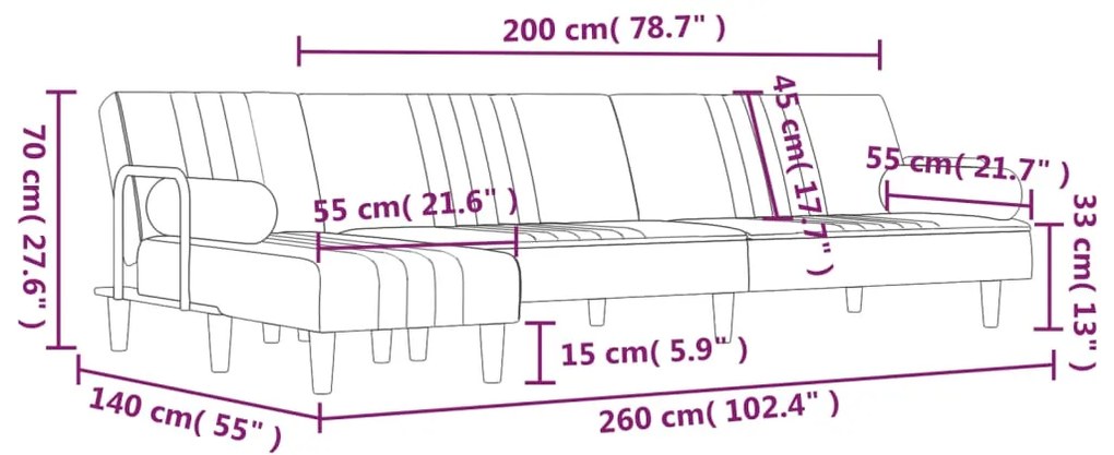 Καναπές Κρεβάτι Γωνιακός Σκ. Γκρι 260 x 140 x 70 εκ. Βελούδινος - Γκρι