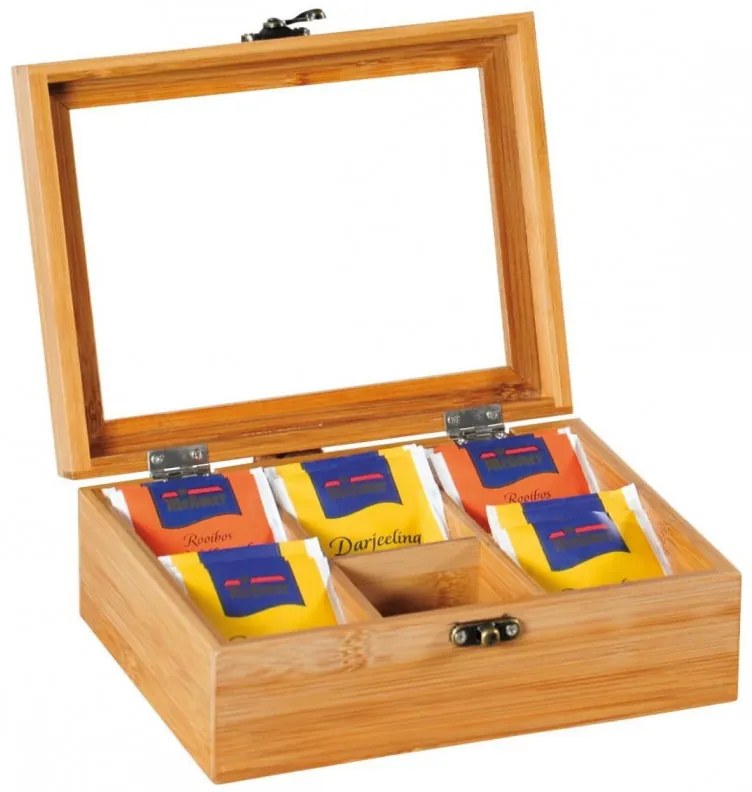 Θήκη Οργάνωσης Kesper tea box 58902, 21,7x16x9cm, Μπαμπού, 6 θήκες, Διαφανές καπάκι, Καφέ