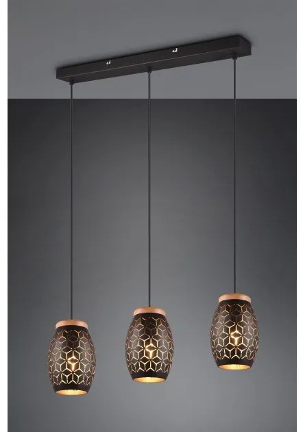 Κρεμαστό Φωτιστικό Οροφής 3xE27 Φυσικό Ξύλο Bidar Trio Lighting-R31573080-Μαύρο-Χρυσό R31573080