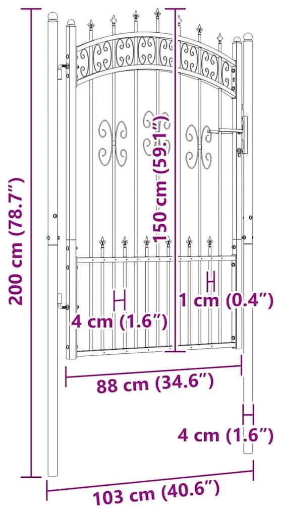 vidaXL Πόρτα Περίφραξης με Κορυφή Δόρυ Μαύρη 103x150 εκ. από Ατσάλι με Ηλεκτροστατική Βαφή