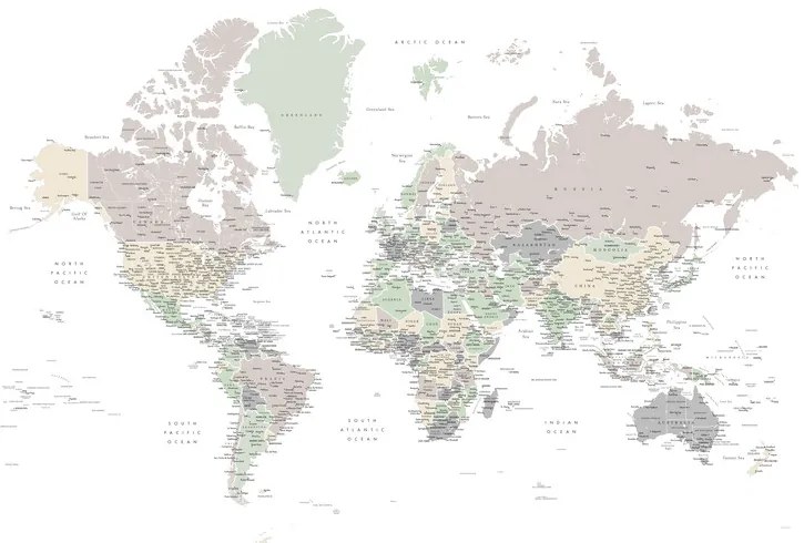 Χάρτης Detailed world map with cities in muted down colors, Anouk, Blursbyai