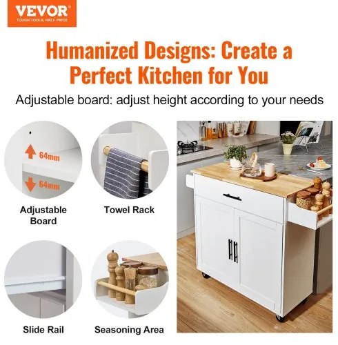 VEVOR Kitchen Island Cart with Solid Wood Top, 35.4" Width Mobile Carts with Storage Cabinet, Rolling Kitchen Table with Spice Rack, Towel Rack, Drop Leaf and Drawer, Portable Islands on Wheels, White
