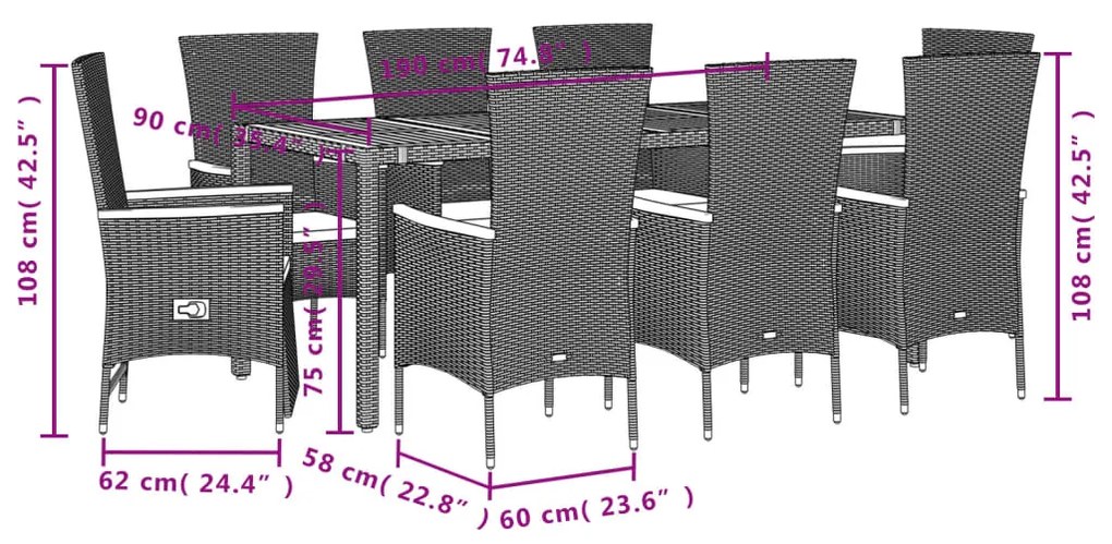 vidaXL Σετ Τραπεζαρίας Κήπου 9 τεμ Μαύρο από Συνθ. Ρατάν με Μαξιλάρια