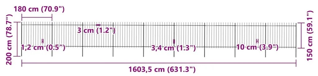 vidaXL Φράχτης Κήπου με Κορυφή Δόρυ από Ατσάλι 1603,5 x 150 εκ. Μαύρος