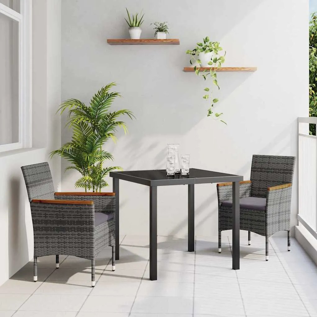 vidaXL Σέτ φαγητού για κήπο με μαξιλάρι 3 pcs Γκρι Πολυ ράταν