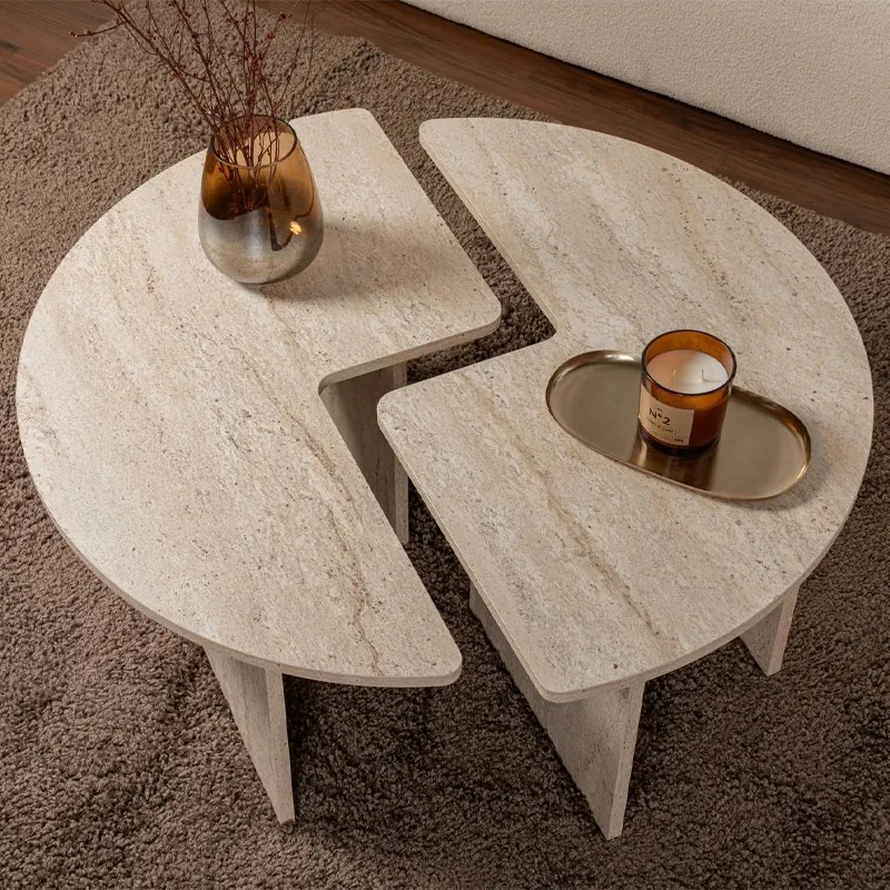 Τραπεζάκι σαλονιού σετ 2 τμχ Moira Megapap χρώμα travertine Ø90x41εκ.