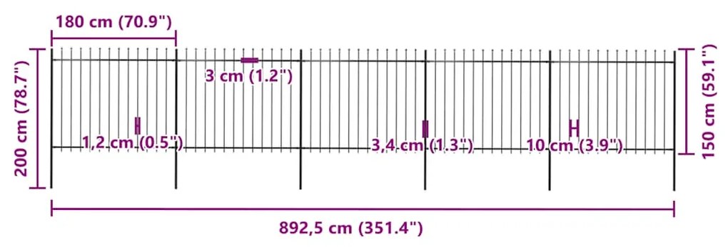 vidaXL Κάγκελα Περίφραξης με Λόγχες Μαύρα 8,5 x 1,5 μ. από Χάλυβα