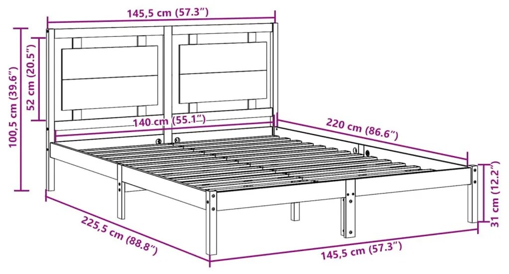 Πλαίσιο Κρεβατιού Μακρύ Χωρίς Στρώμα 140x220 εκ Μασίφ Ξύλο - Καφέ