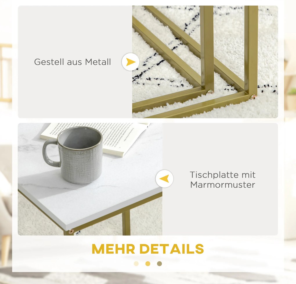 HOMCOM Σετ 2 Τραπεζάκια Σαλονιού, Στοιβαζόμενα Τραπεζάκια, Επιφάνεια σε Όψη Μαρμάρου, Χρυσό + Λευκό