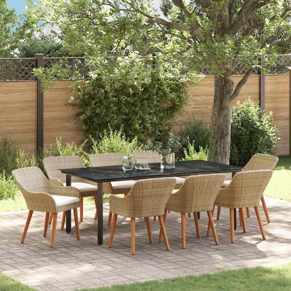 vidaXL Σέτ φαγητού για κήπο με μαξιλάρι 9 pcs Μπεζ συνθετικό ρατάν