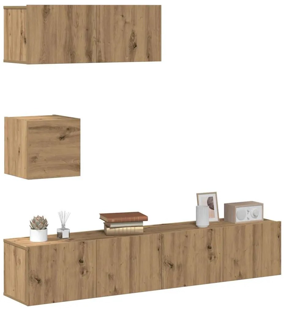 vidaXL Σετ ντουλαπιών τηλεόρασης 4 τεμαχίων Επιτοίχιο Τεχνικής Δρυς