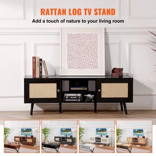 VEVOR Rattan TV Stand for 65&quot; TV Boho TV Stand with Build-in Socket Black