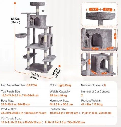 VEVOR Cat Tree 68.5&quot; Cat Tower with Cat Condos Sisal Scratching Post Light Grey