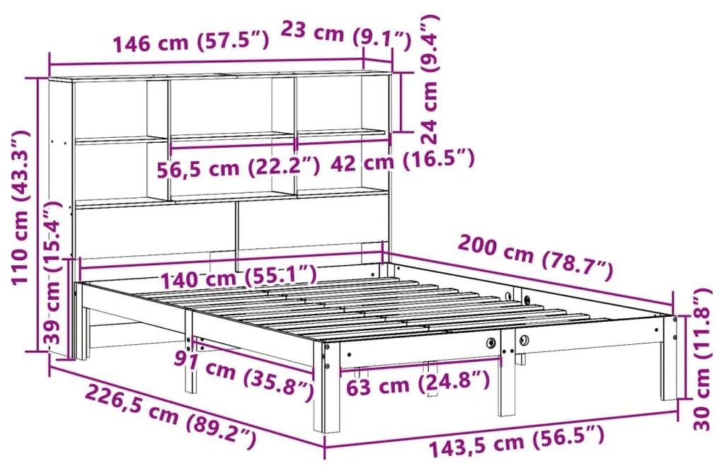 Κρεβάτι Βιβλιοθήκη Χωρίς Στρώμα 140x200 εκ Μασίφ Ξύλο Πεύκο - Καφέ