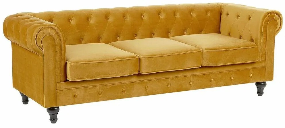 Καναπές chesterfield Berwyn H102, Κίτρινο, 201x75x70cm, Πόδια: Ξύλο,Ευκάλυπτος, Καουτσούκ