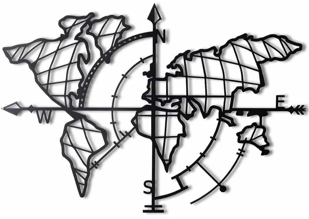 Διακοσμητικό Τοίχου World Map Compass 805BSG1136 65x95cm Black Wallity Μέταλλο