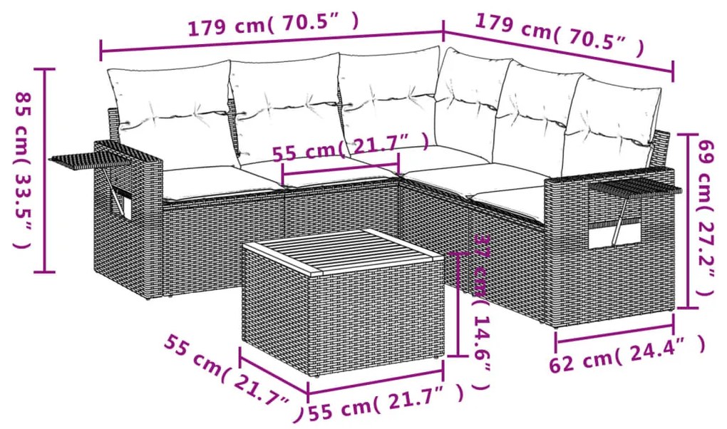 vidaXL Καναπές Κήπου 6 Τεμαχίων Μαύρο από Συνθετικό Ρατάν με Μαξιλάρια