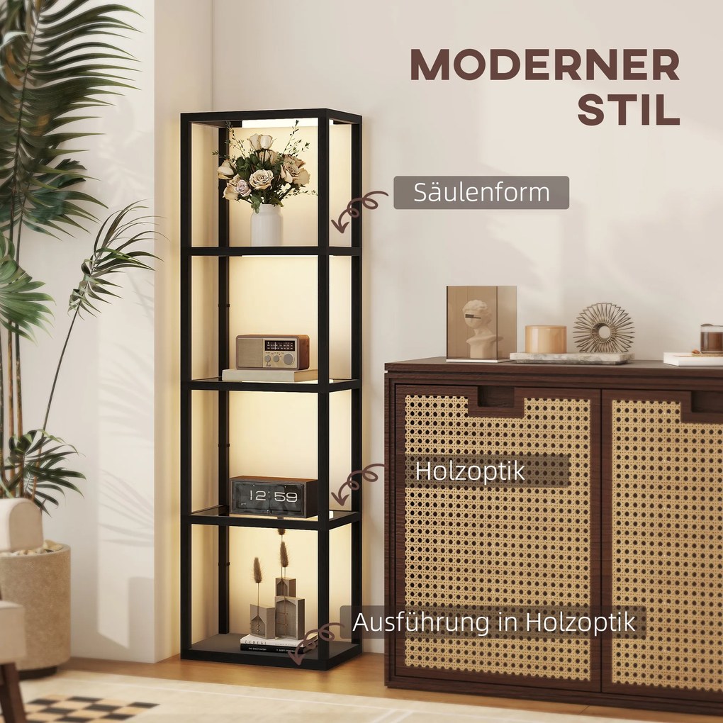 HOMCOM Φωτιστικό δαπέδου LED με ραφιέρα 4 επιπέδων, φωτιζόμενη ραφιέρα με 4 γυάλινα ράφια, διακόπτης ποδιού, MDF, μαύρο