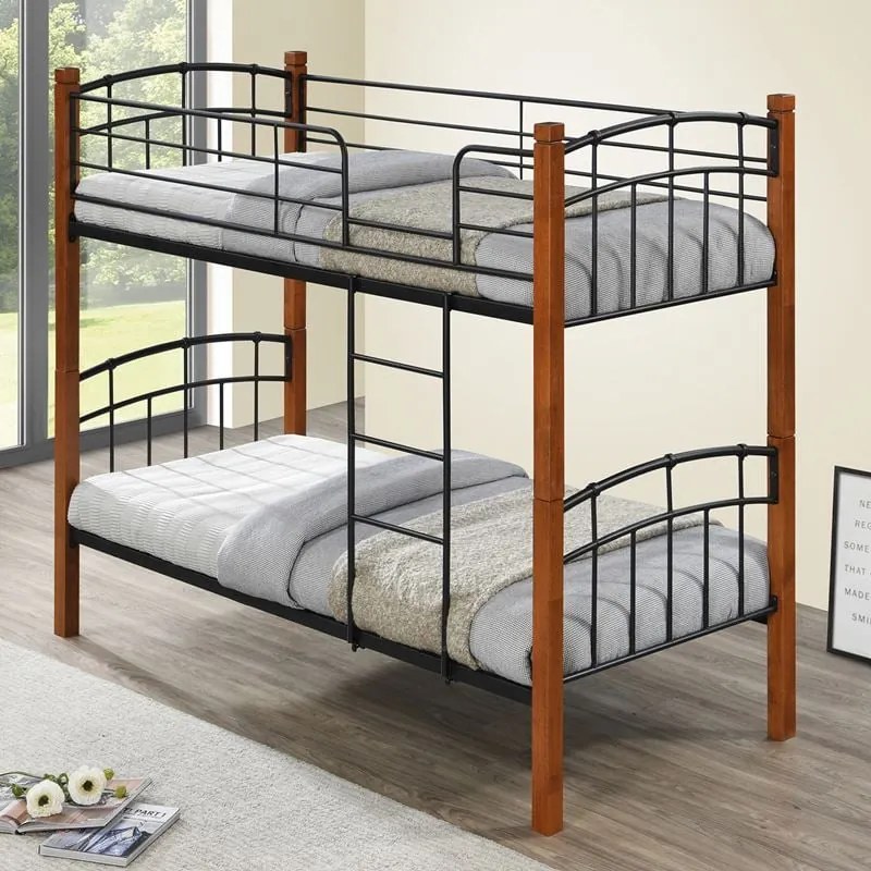 WOODWELL NORTLAN Κρεβάτι Κουκέτα Μέταλλο Βαφή Μαύρο, Ξύλο Καρυδί 97x201x160cm (Στρώμα 90x190cm) Ε80730